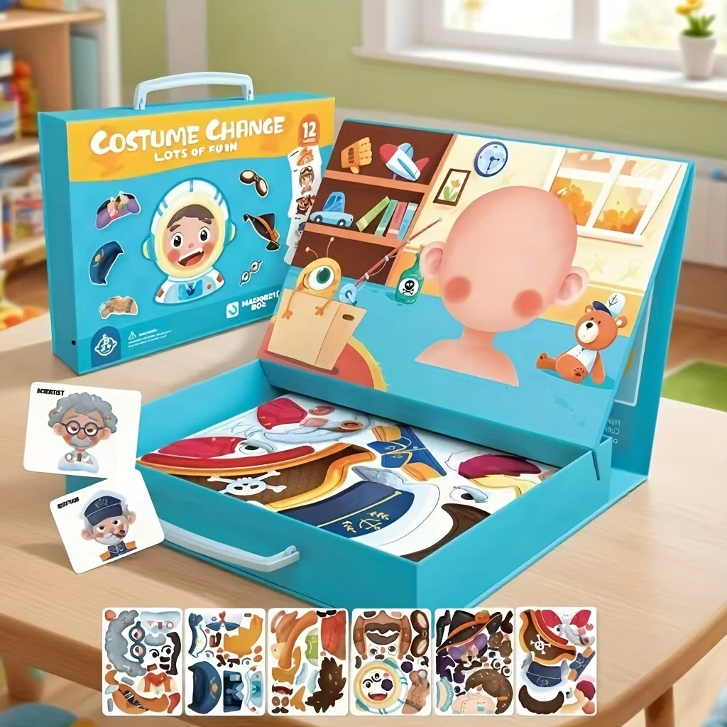 Ensemble de jeu de déguisement magnétique pour enfants, garçons et filles, tenues de visage, jeu d'échecs volant, décor de réfrigérateur, boîte de voyage Portable, cadeau - imagen 4