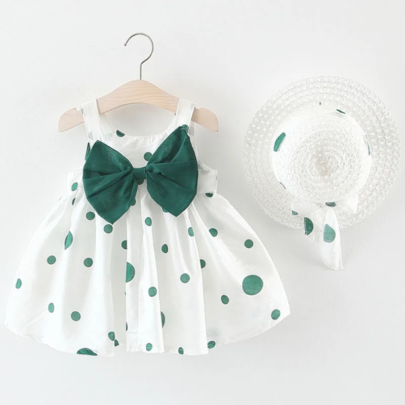 Ropa de verano para niñas recién nacidas, 2 piezas, moda coreana, vestidos de algodón sin mangas con puntos bonitos para bebés + sombrero para el sol, vestido de princesa para niños pequeños B204