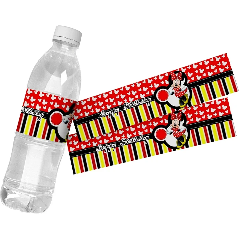 6 uds. De etiquetas de vino para botella de agua de cumpleaños de Minnie Mouse de Disney, pegatinas para caja de regalo, envolturas para bolsas de dulces, suministro de decoración para fiesta de Baby Shower