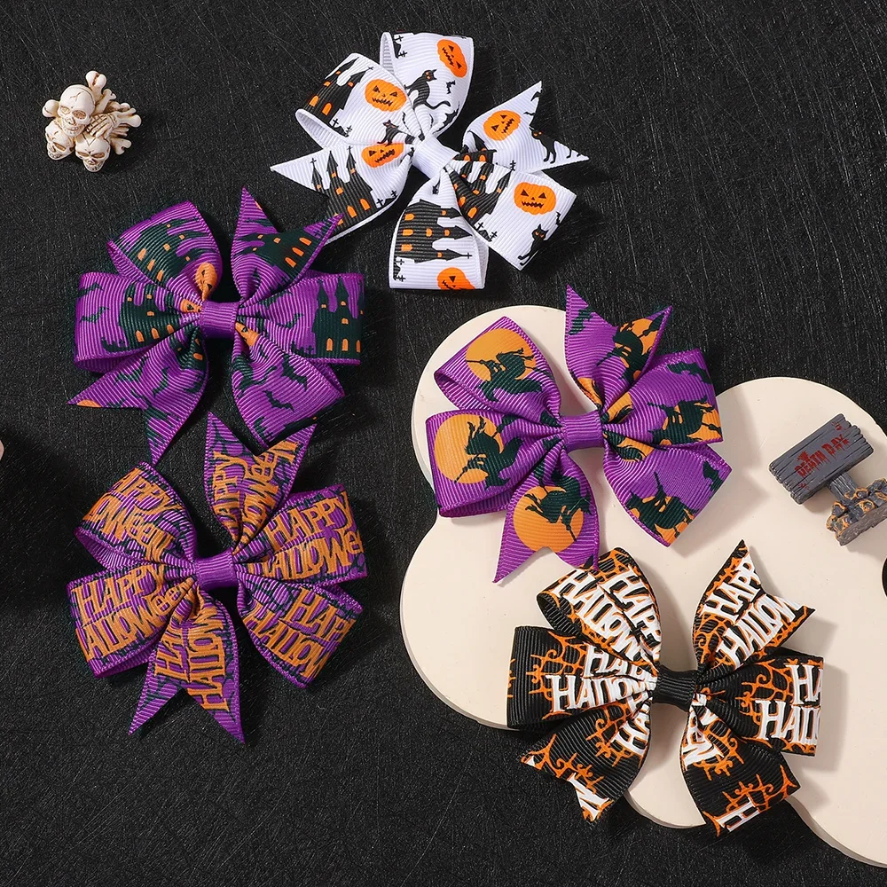 Pinzas de pelo Halloween para niña – Lazo murciélago y calabaza - imagen 4