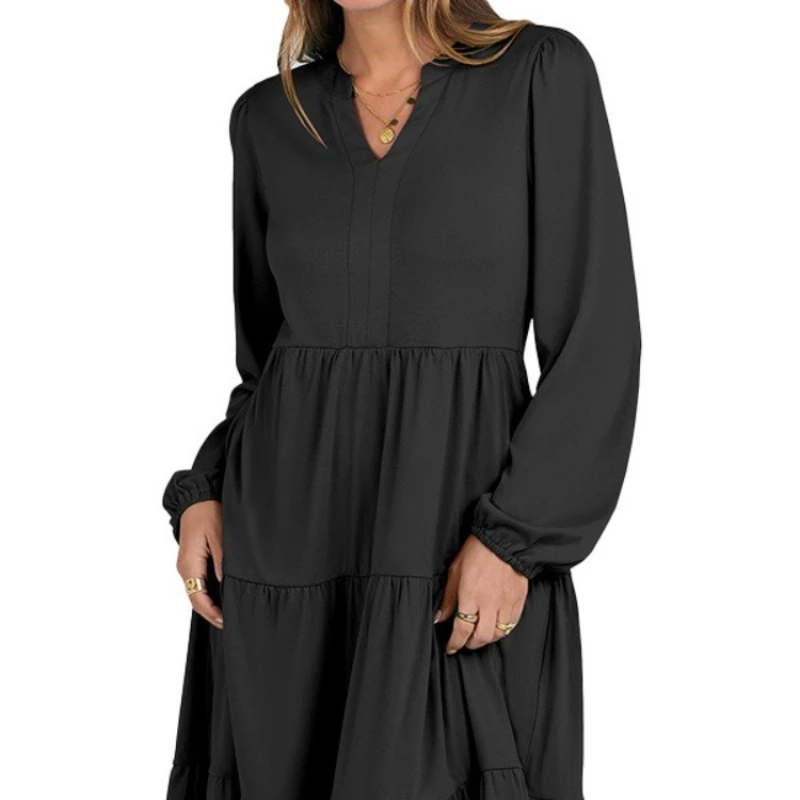 Vestido de temperamento europeo y americano para Halloween, cintura ajustada, mangas largas, liso, cuello en V, falda acampanada, falda con borde de hoja de loto ﻿ - imagen 2