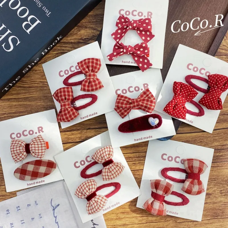 2 unids/set de pinzas para el cabello con lazo a cuadros rojos de estilo coreano para niñas, conjunto de pinzas para el cabello laterales de tela de lunares dulces para niños, accesorios para el cabello - imagen 3