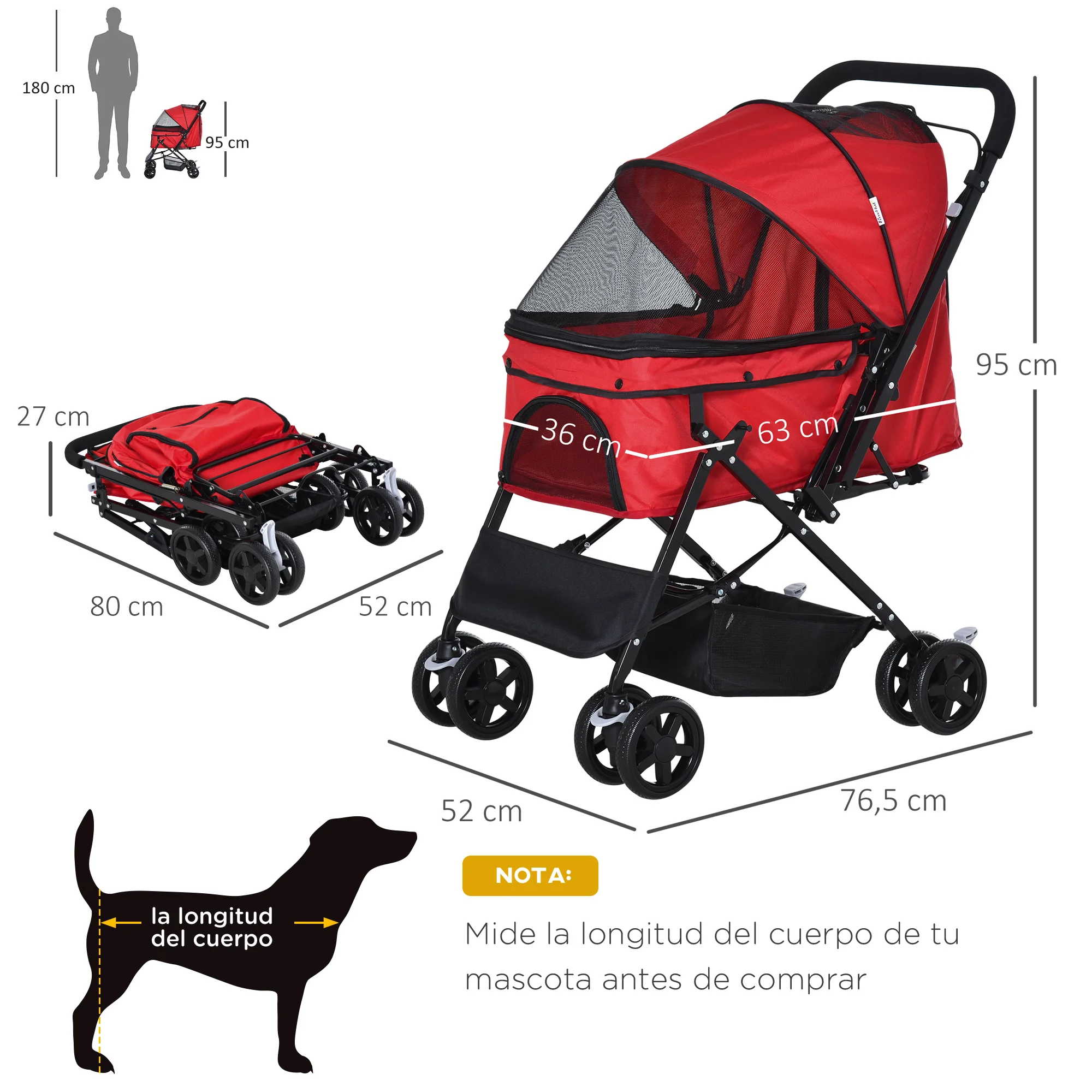 PawHut Cochecito para Mascotas Plegable con Toldo Ajustable Cesta de Almacenaje Correas de Seguridad y Frenos 76,5x52x95 cm - imagen 3