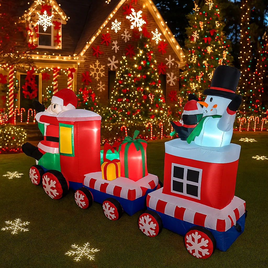Decoración navideña al aire libre de 7,8 pies, tren de Papá Noel, decoración inflable para fiesta de Navidad, adornos de patio, luces, juguetes para el hogar, utilería - imagen 3