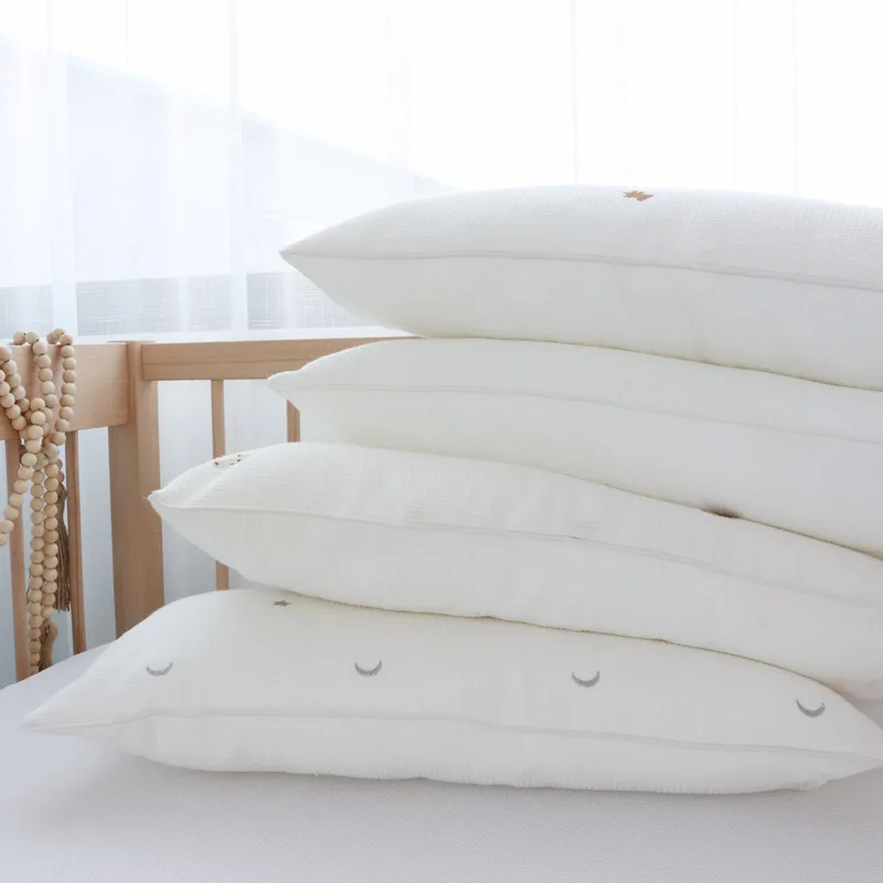 Waffel de algodón a cuadros bordado oso estrella blanco recién nacido almohada bebé almohadas niño cojines transpirables ropa de cama de cuna para niños pequeños - imagen 4