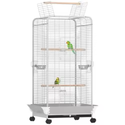 PawHut Jaula para Pájaros Jaula para Loros con Ruedas Perchas Comederos y Bandeja Extraíble Pajarera para Cacatúas Cotorras 79x73x146 cm Gris Claro