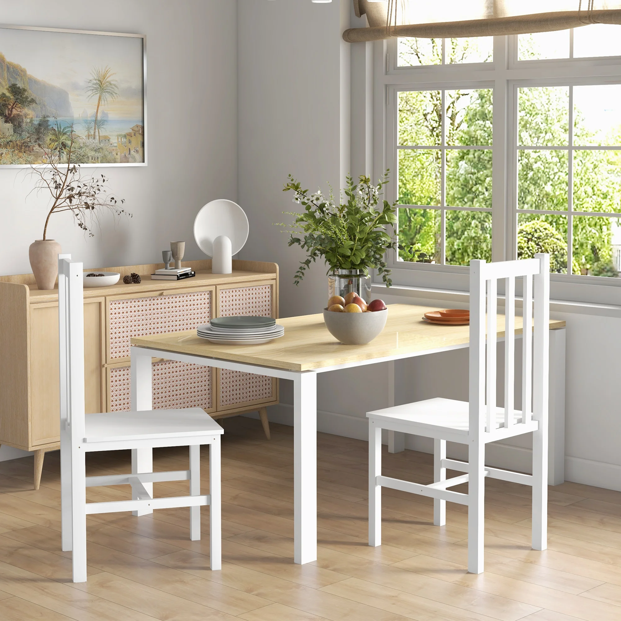 HOMCOM Juego de 2 Sillas de Comedor de Madera de Pino, Sillas de Cocina con Respaldo Alto de Listones, para Comedor, Salón, Blanco