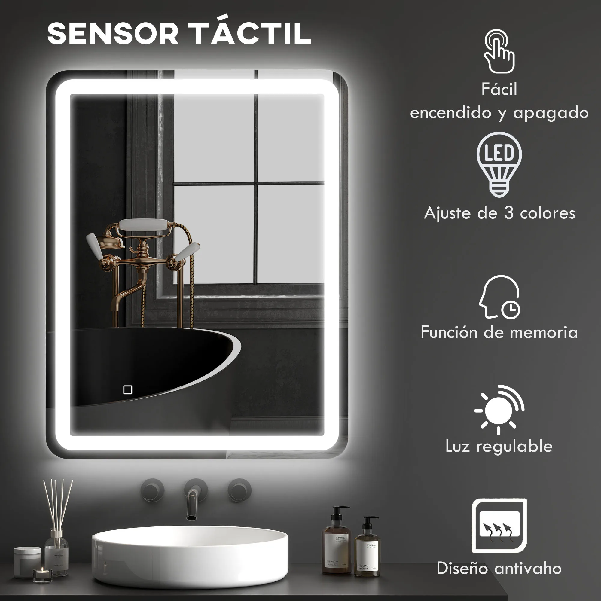 HOMCOM Espejo de Baño con Luces LED, 70x90 cm, Espejo de Pared, 3 Colores de Luz, Brillo Regulable, Función Antivaho, Función de Memoria, Interruptor Táctil, IP44, Horizontal/Vertical - imagen 4