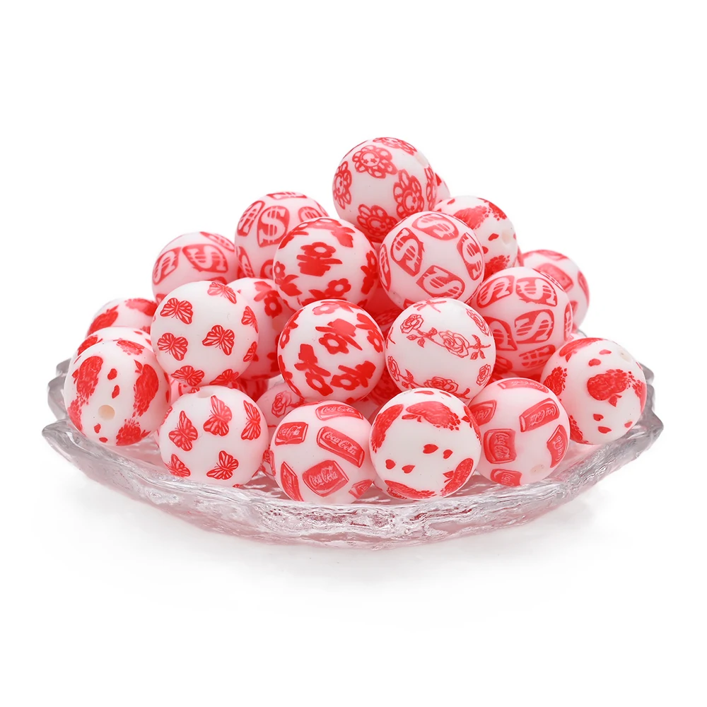 10 Uds. De cuentas de silicona de 15mm, cuentas de amor estampadas rojas para correas de bebé, cadena de chupete, chupetes para masticar, accesorios de cadena con Clip - imagen 5