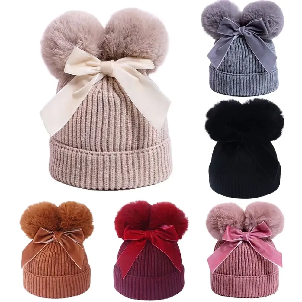 Gorro de lana tejido para niños con pompón, forro de algodón, gorros de invierno, gorro grueso y cálido para niños y niñas