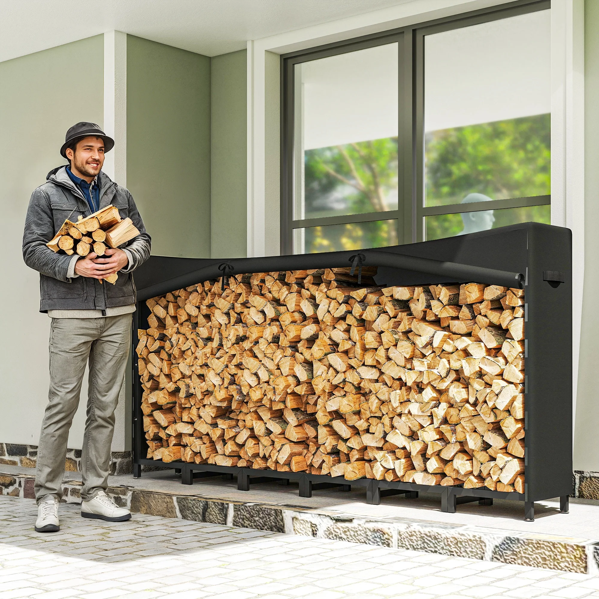 Outsunny Estante de Leña Metálico, 235x31x116 cm, Leñero Exterior con Cubierta Impermeable 600D Oxford, Marco de Acero y Cadenas de Acero, Soporte para Leña de Chimenea, Almacenaje para Madera, Negro - imagen 2