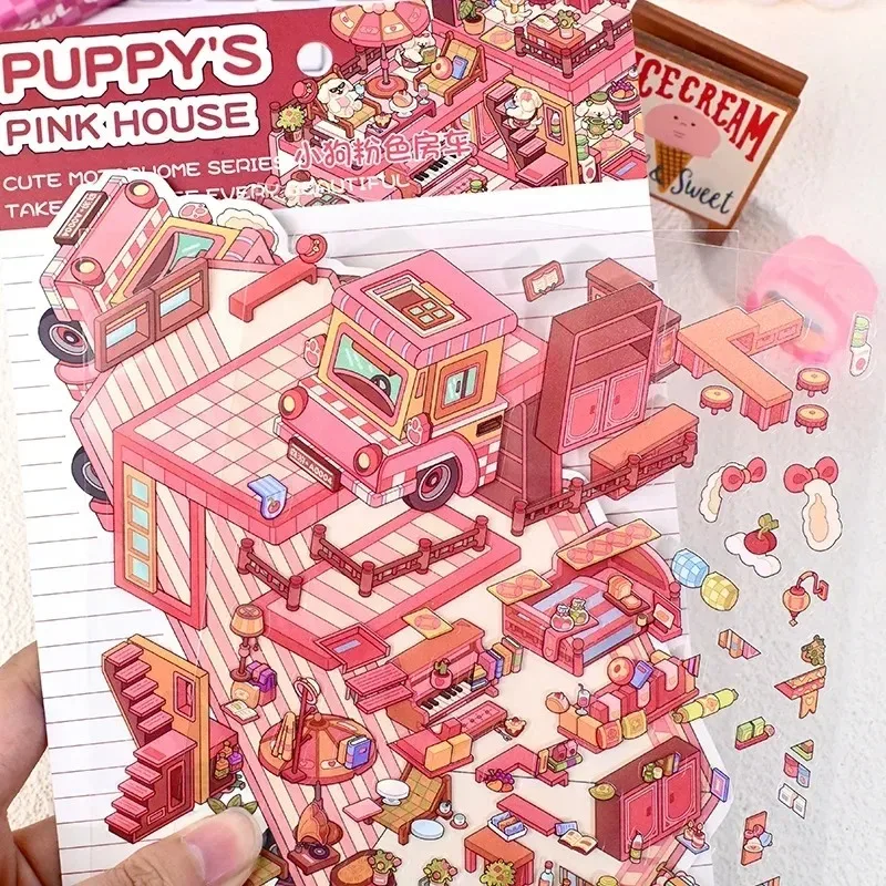 Escena de RV, pegatinas DIY hechas a mano, dibujos animados, pingüino, perro, carteles de animales, pegatina de paisaje en miniatura, descompresión - imagen 3