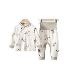 Conjunto de ropa interior de otoño con estampado animal de algodón para bebé Unisex, Top con cuello levantado y pantalones de cintura alta, traje cálido de Halloween