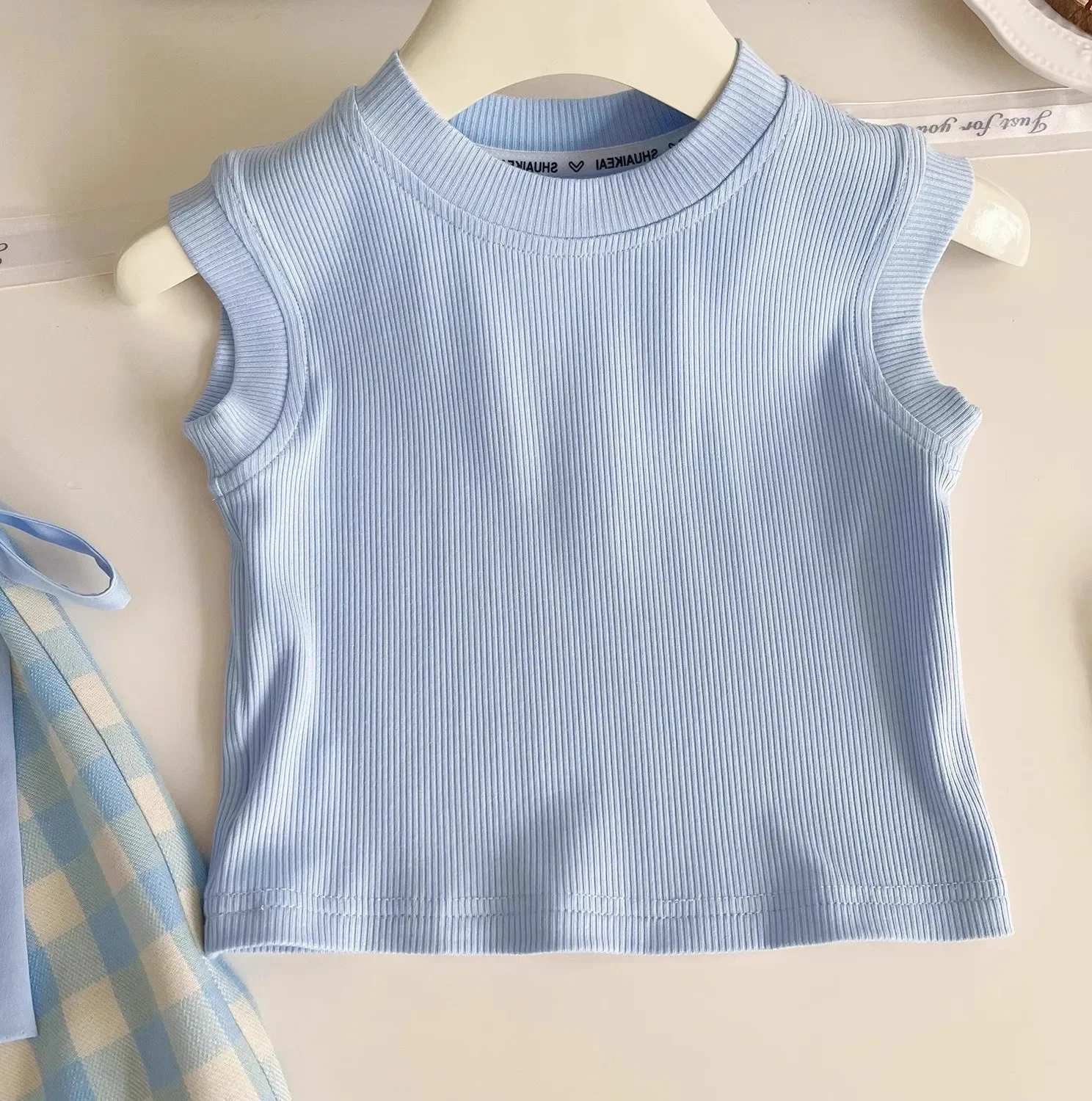 Ropa de verano de 3 piezas para niña, moda coreana, bonito lazo a cuadros, Tops azules sin mangas, pantalones sueltos y bolsa, ropa de Boutique para niños BC15 - imagen 5