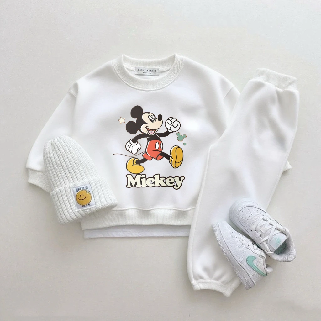 Mickey Tops pantalones de chándal blancos de dos piezas lindo cuello redondo Sudadera con capucha pantalones versátiles nuevos conjuntos estampados de dibujos animados ropa Popular - imagen 3