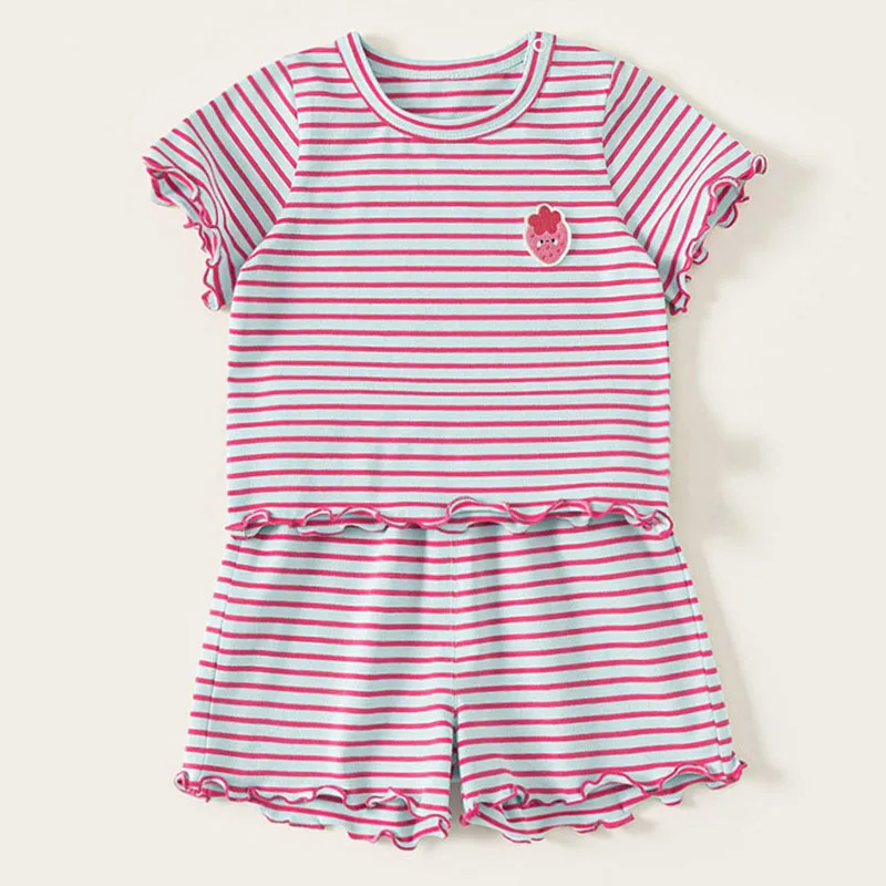 Conjuntos de 2 piezas de ropa de verano para niña, moda coreana, camisetas de manga corta a rayas de cereza y pantalones cortos para bebé, ropa de Boutique para niños B171 - imagen 3