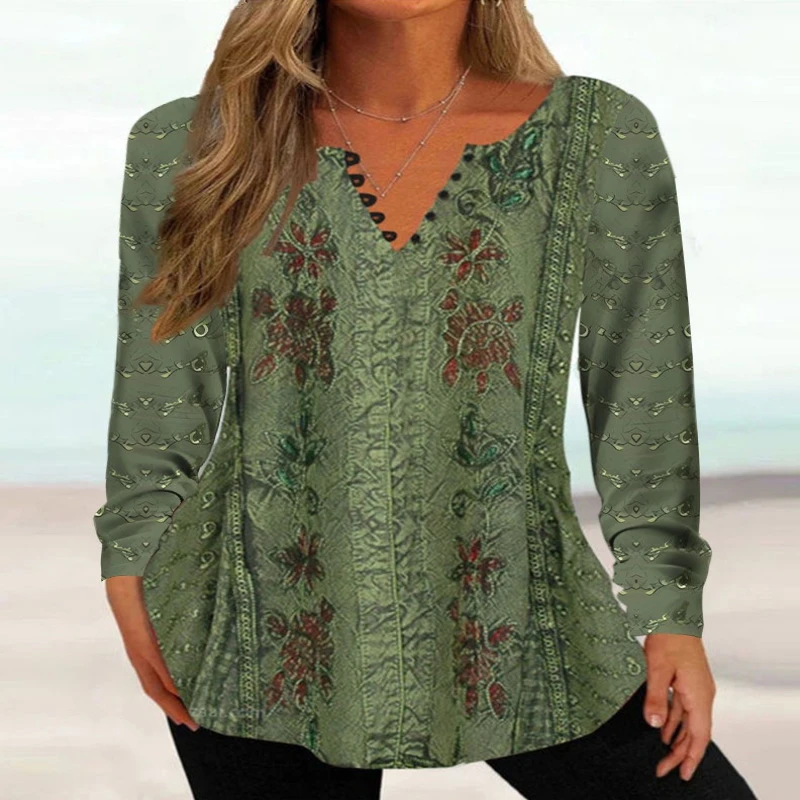 Camiseta de manga larga con cuello en V de estilo europeo americano para mujer para primavera y otoño Top informal con botones y estampado 3D para Navidad