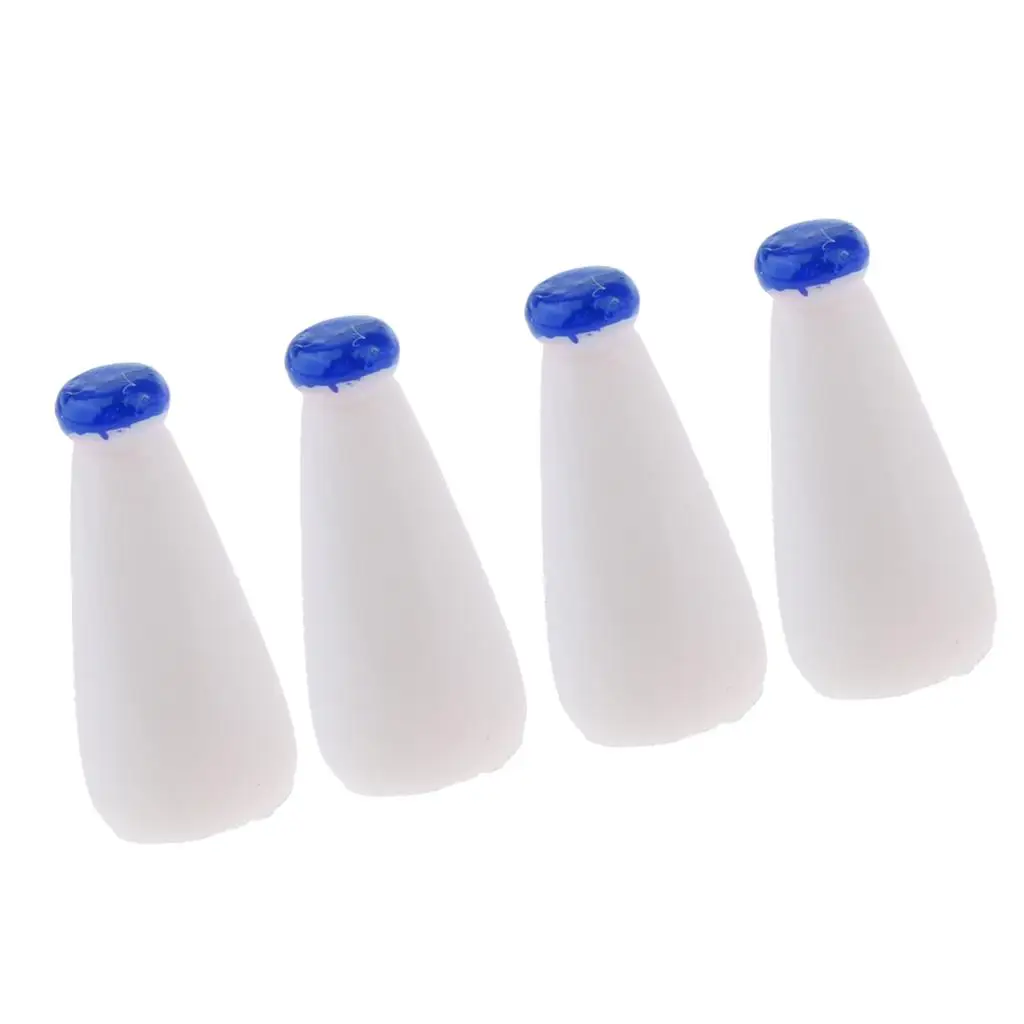 4pcs Dollhouse Mini Tableware Decoration Vivid Plastic Drink Milk Bottles with Blue Cap