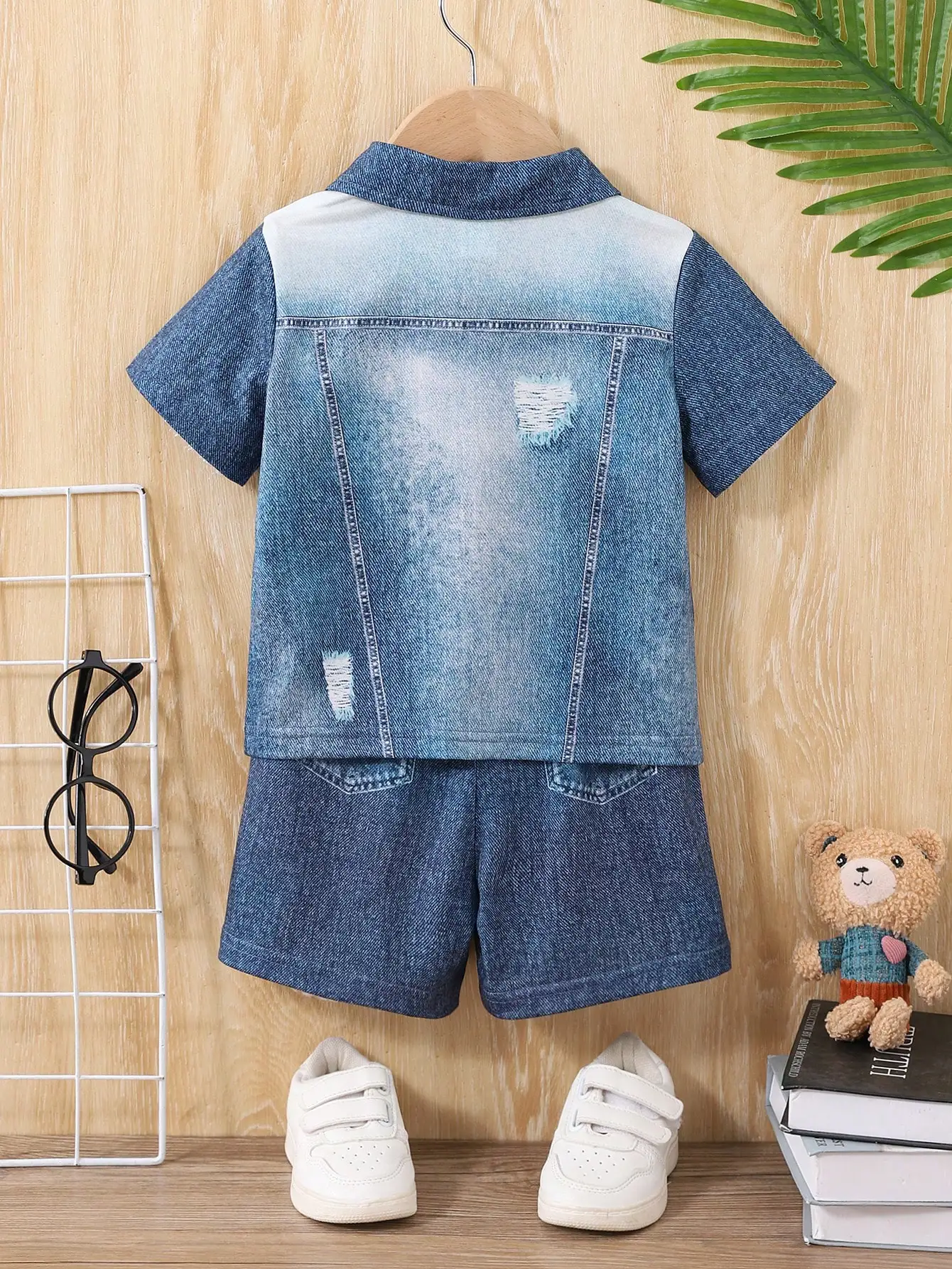 Pantalones cortos denim niño estilo retro con solapa y estampado digital - imagen 3