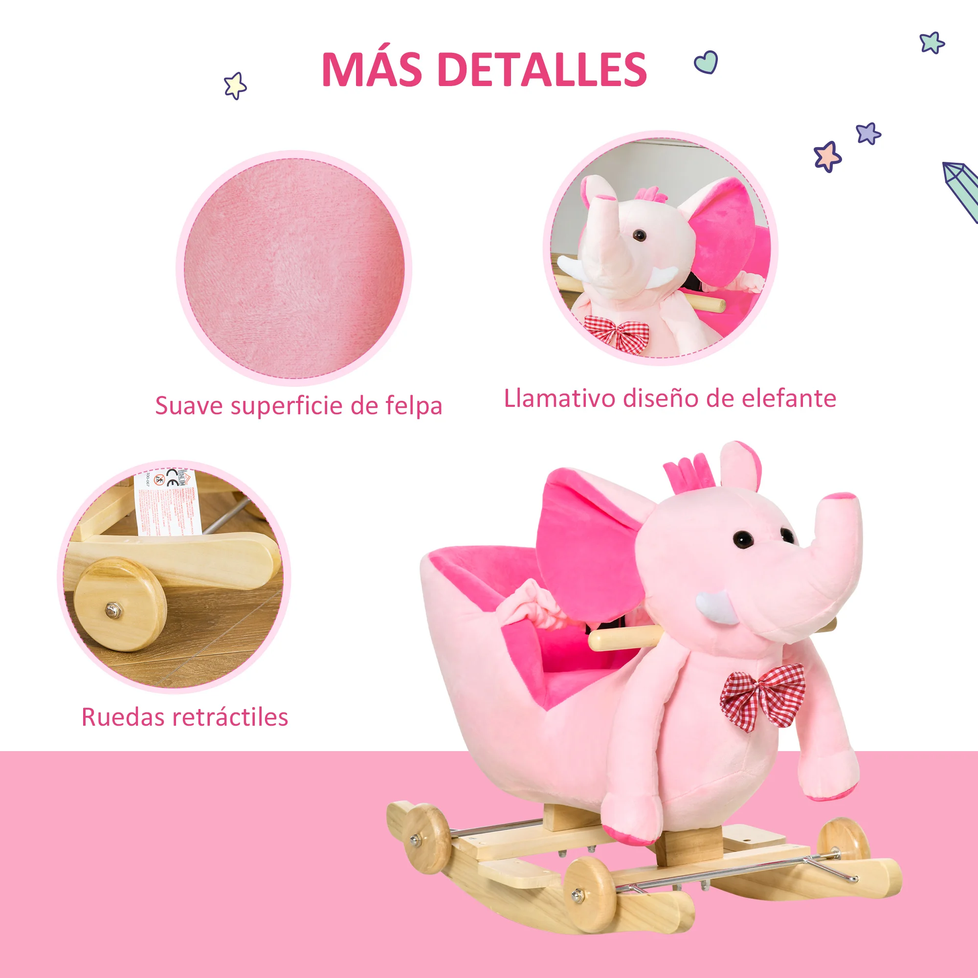 HOMCOM Caballito Balancín con Ruedas Forma de Elefante Caballo Balancín para Bebés de +18 Meses con Músicas Infantiles y Cinturón de Seguridad Carga 60 kg 60x35x45 cm Rosa - imagen 5