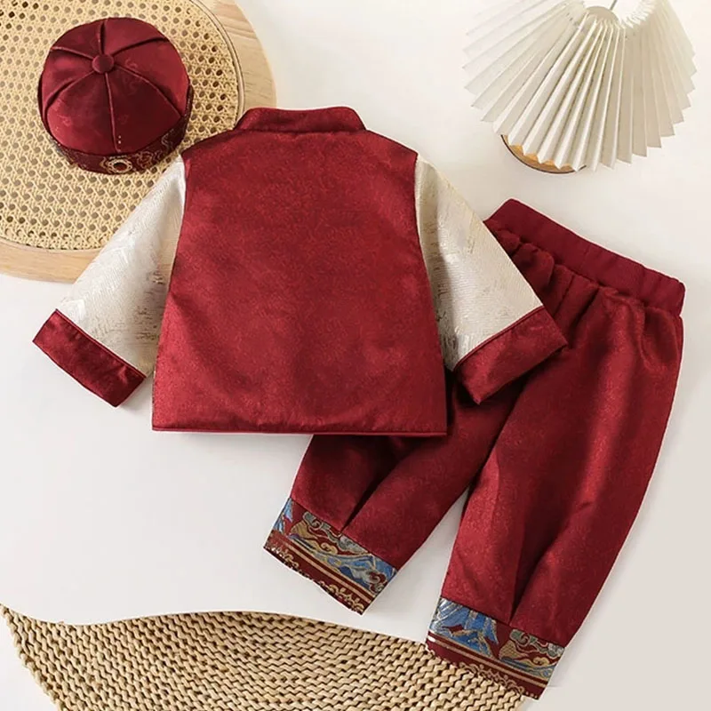 Conjuntos de 3 uds. De disfraces de otoño, ropa para bebé, Tops de manga larga de lana con estampado rojo de estilo chino, pantalones y sombrero, ropa de Boutique para niños B262 - imagen 2