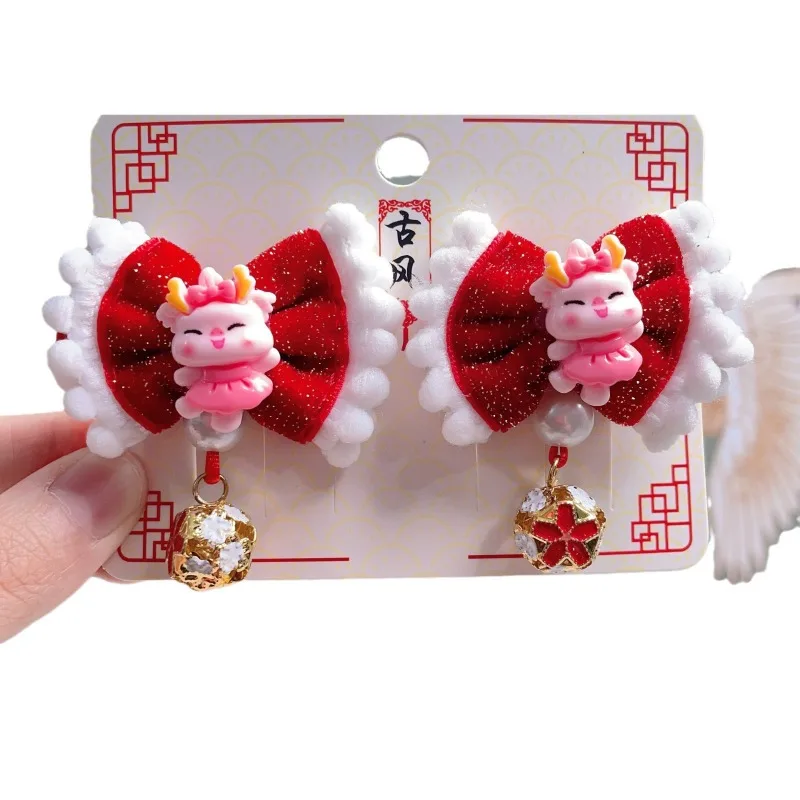 Pinzas para el cabello de estilo chino de Año Nuevo para niñas, lazo rojo, ajuste Hanfu antiguo de invierno, festivo, brillante, suave y agradable para el cabello. - imagen 4