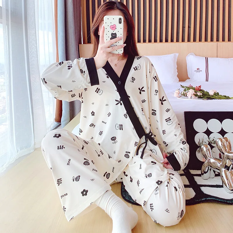 Ropa de dormir para mujer embarazada, conjuntos de pijamas de lactancia, ropa de maternidad a la moda, Tops de lactancia de algodón con encaje + conjunto de pantalones