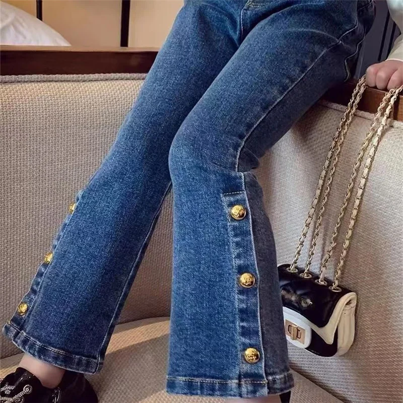 Pantalones vaqueros informales de estilo Retro para niñas, pantalones vaqueros ajustados de campana para niños, pantalones vaqueros de cintura media a la moda para niñas, primavera y otoño - imagen 3