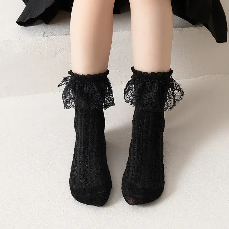 Calcetín de Color blanco y negro para niña, calcetín hasta la pantorrilla con volantes y agradable arco para niño pequeño, calcetines finos transpirables para primavera y verano, accesorios de ropa - imagen 3