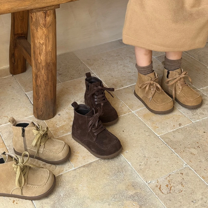 Botines de cuero para niños, botas cortas Retro de cuero genuino para niñas, zapatos de otoño para niños pequeños, estilo Vintage coreano - imagen 2