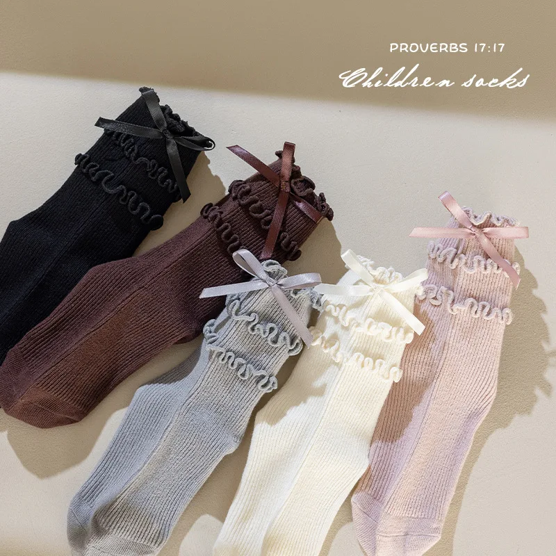Calcetines cortos con borde enrollado para invierno y otoño, bonitos calcetines de princesa con borde de oreja de madera para niñas, calcetines cortos con lazo para estudiantes - imagen 3