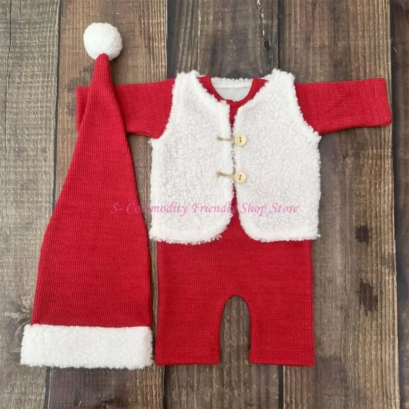 85AE Disfraz Papá Noel para fotografía bebé, 3 uds., atuendos elásticos y cómodos para sesión fotos infantil - imagen 4