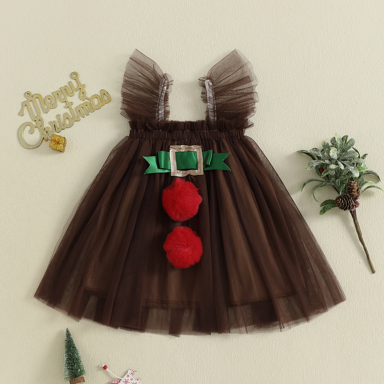 Suefunskry Vestidos de tul para niñas pequeñas Vestido de princesa sin mangas con bolas de piel navideña a la moda para la vida diaria y la fiesta - imagen 5