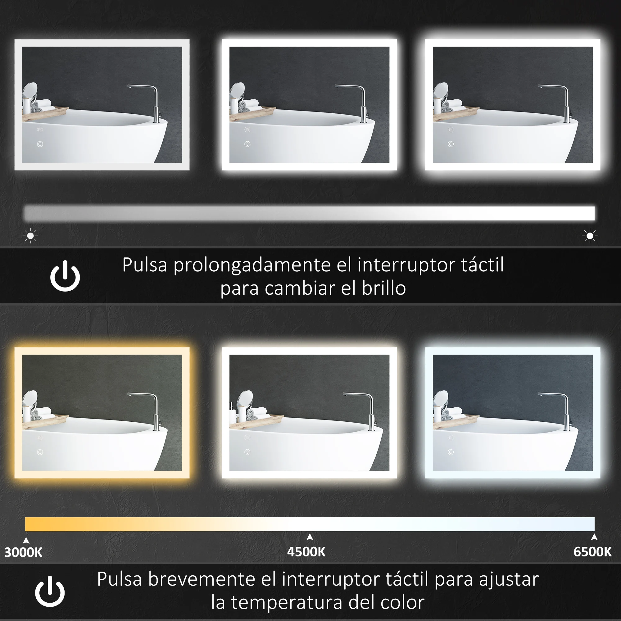 kleankin Espejo de Baño con Luces LED 70x50 cm Espejo de Pared Antivaho con Luces Retroiluminado 3 Colores Función de Memoria Interruptor Táctil IP44 Horizontal o Vertical Plata - imagen 4