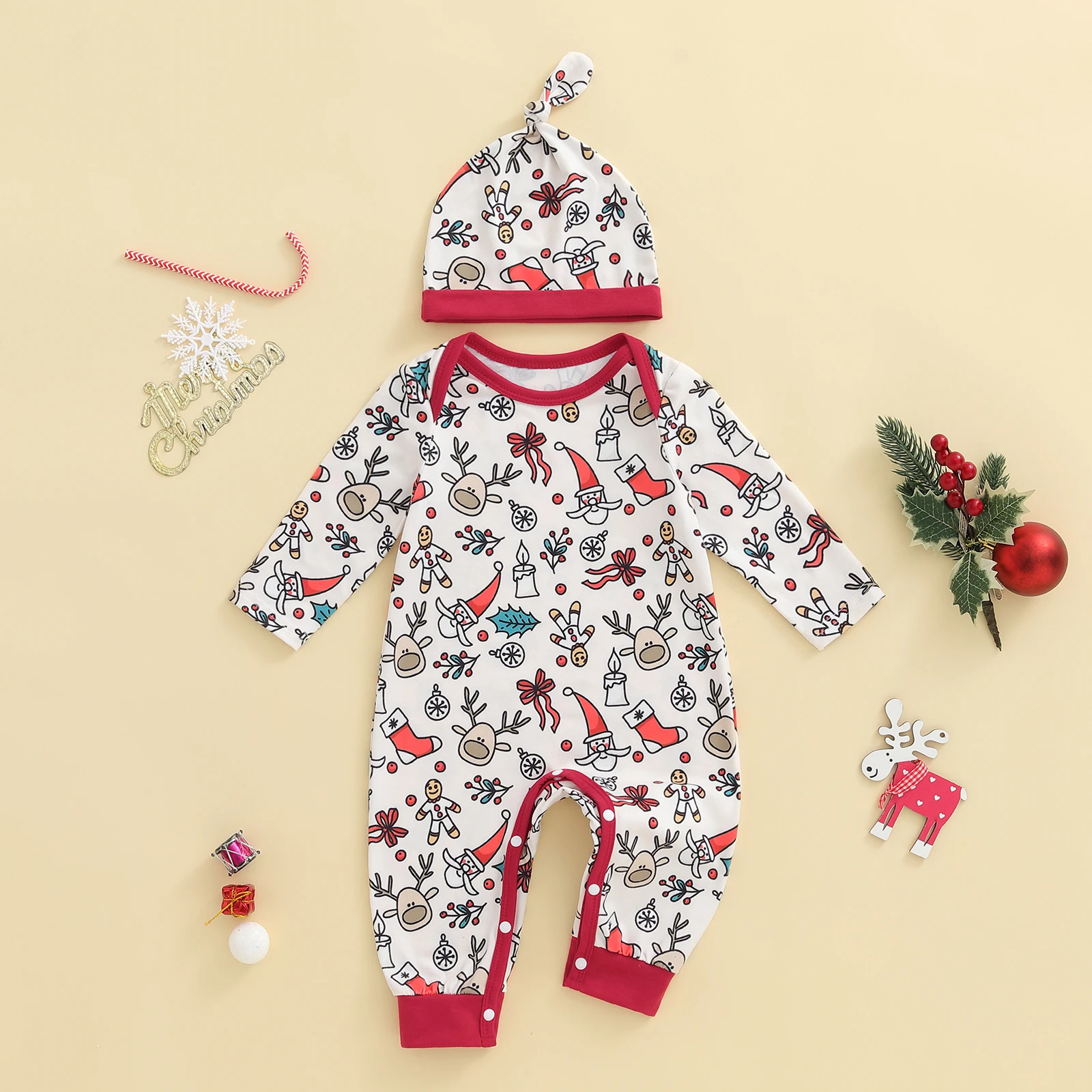 Suefunskry Conjunto de 2 piezas de trajes navideños para bebés recién nacidos, mono con estampado de dibujos animados de manga larga y sombrero - imagen 2