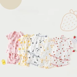 Conjunto de pijamas de algodón de dibujos animados para niñas, conjunto de manga corta con pantalones a media pantorrilla, ropa de casa transpirable para dormir, verano