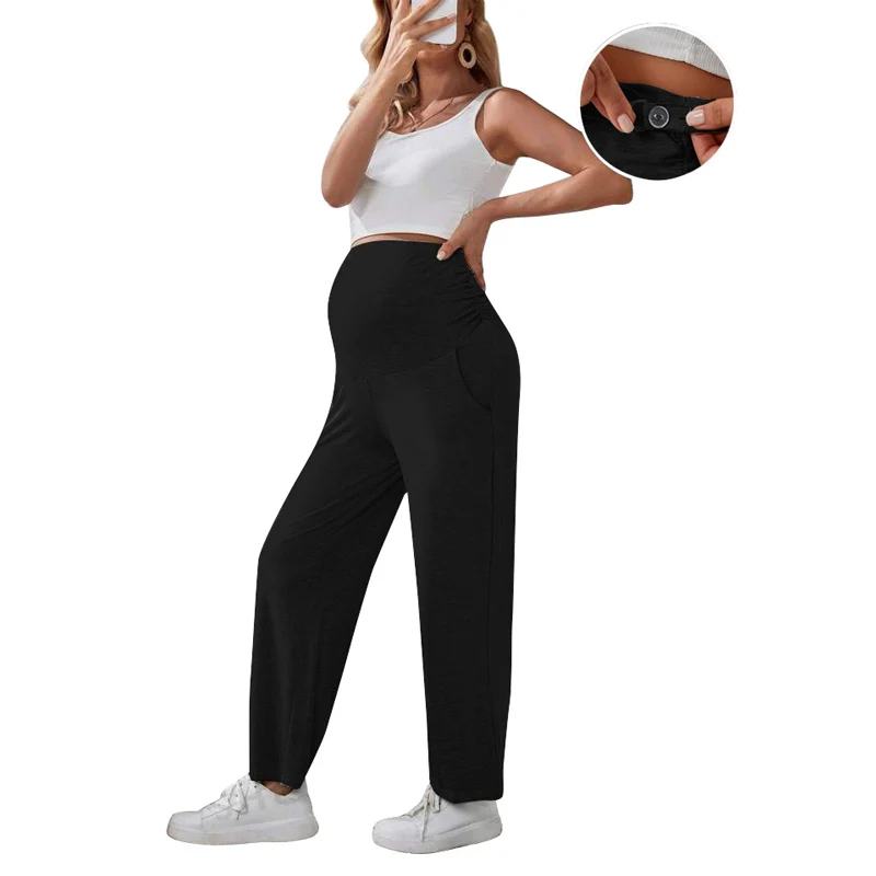 Cómodos pantalones casuales de maternidad con bolsillos pantalones de chándal elásticos para embarazo para el vientre diseño de ajuste suelto para mujeres embarazadas - imagen 3