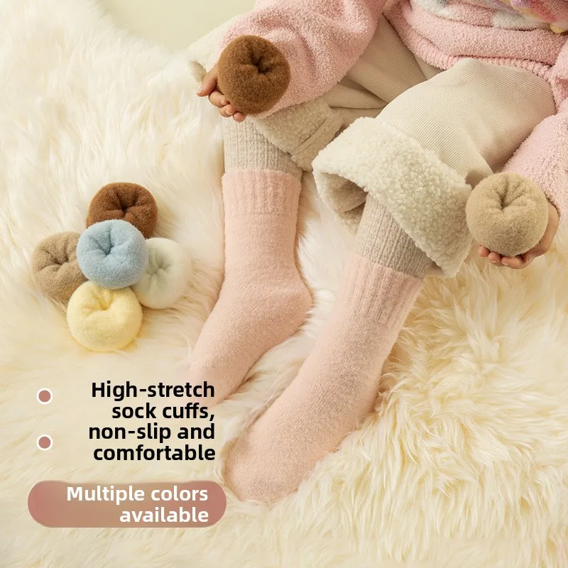 Calcetines de lana de invierno para niños: estilo ins de color caramelo, de moda, forro polar grueso de coral, hasta la mitad de la pantorrilla: ¡cálidos y antipilling! - imagen 4