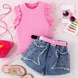 Conjunto verano para niñas: tops rosas sin mangas y shorts vaqueros