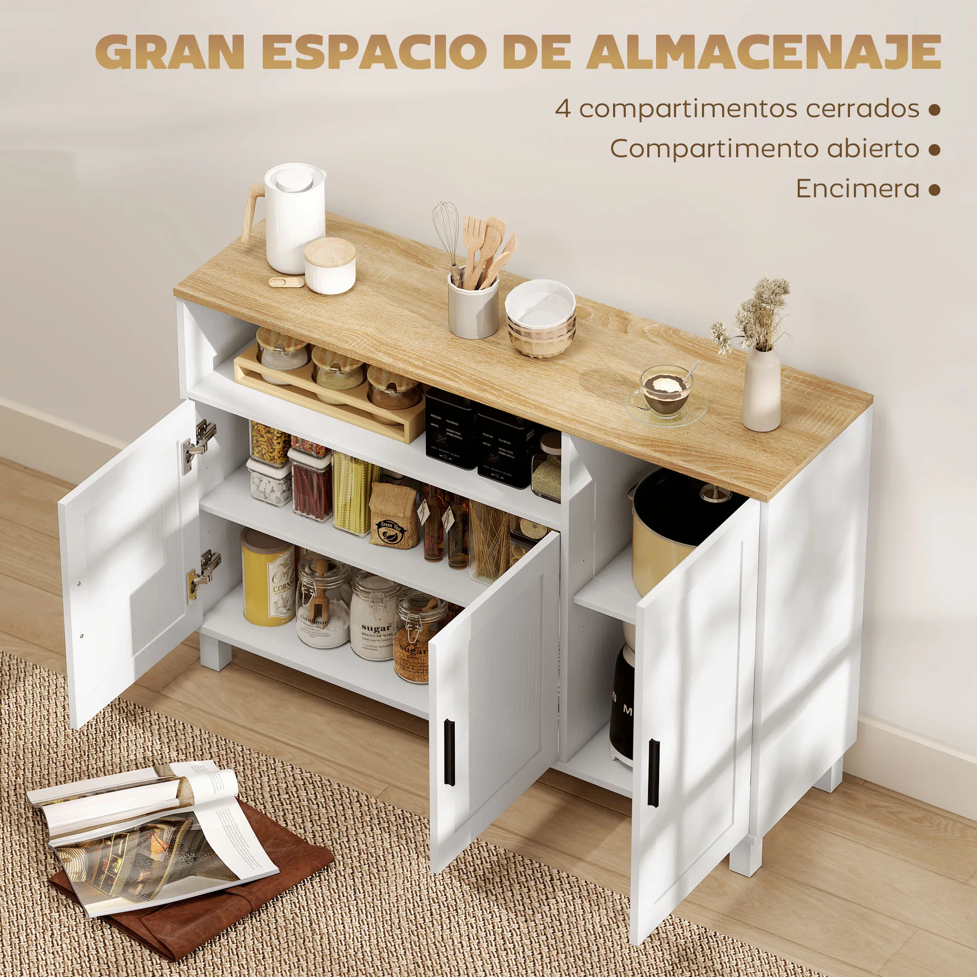 HOMCOM Aparador de 3 Puertas de Cierre Suave, Aparador de Salón con Estantes Ajustables, Compartimento Abierto, Patas de Madera, para Cocina, Entrada, Dormitorio, Blanco, 110x33x75 cm - imagen 4