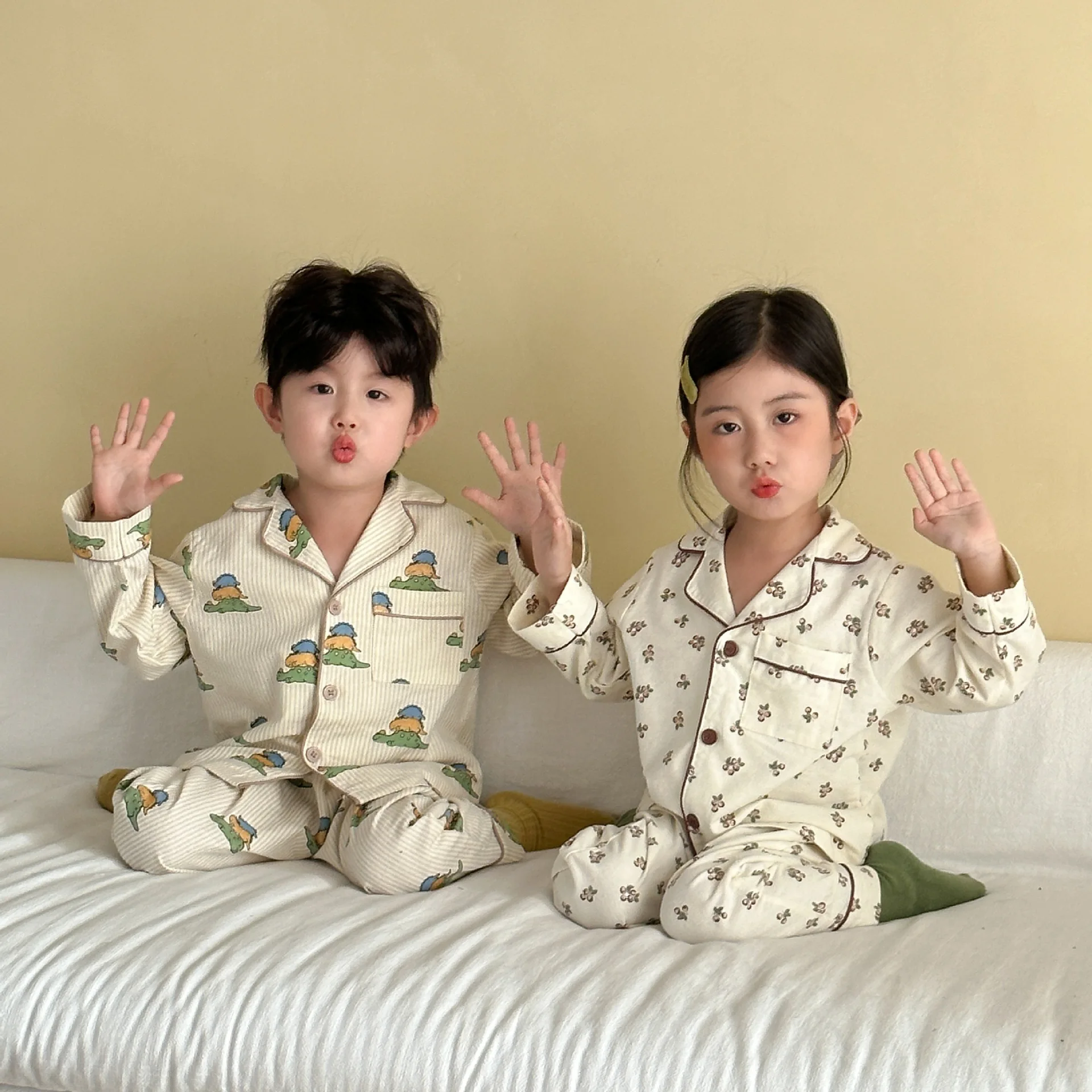 Conjunto de pijamas de otoño para niños, pijamas de manga larga con cuello vuelto para niños y niñas, conjunto de traje para casa de algodón para niños - imagen 2