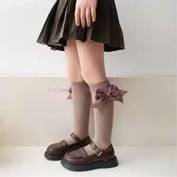 85AE Calcetines algodón hasta rodilla lazo cintas niñas vuelta al cole
