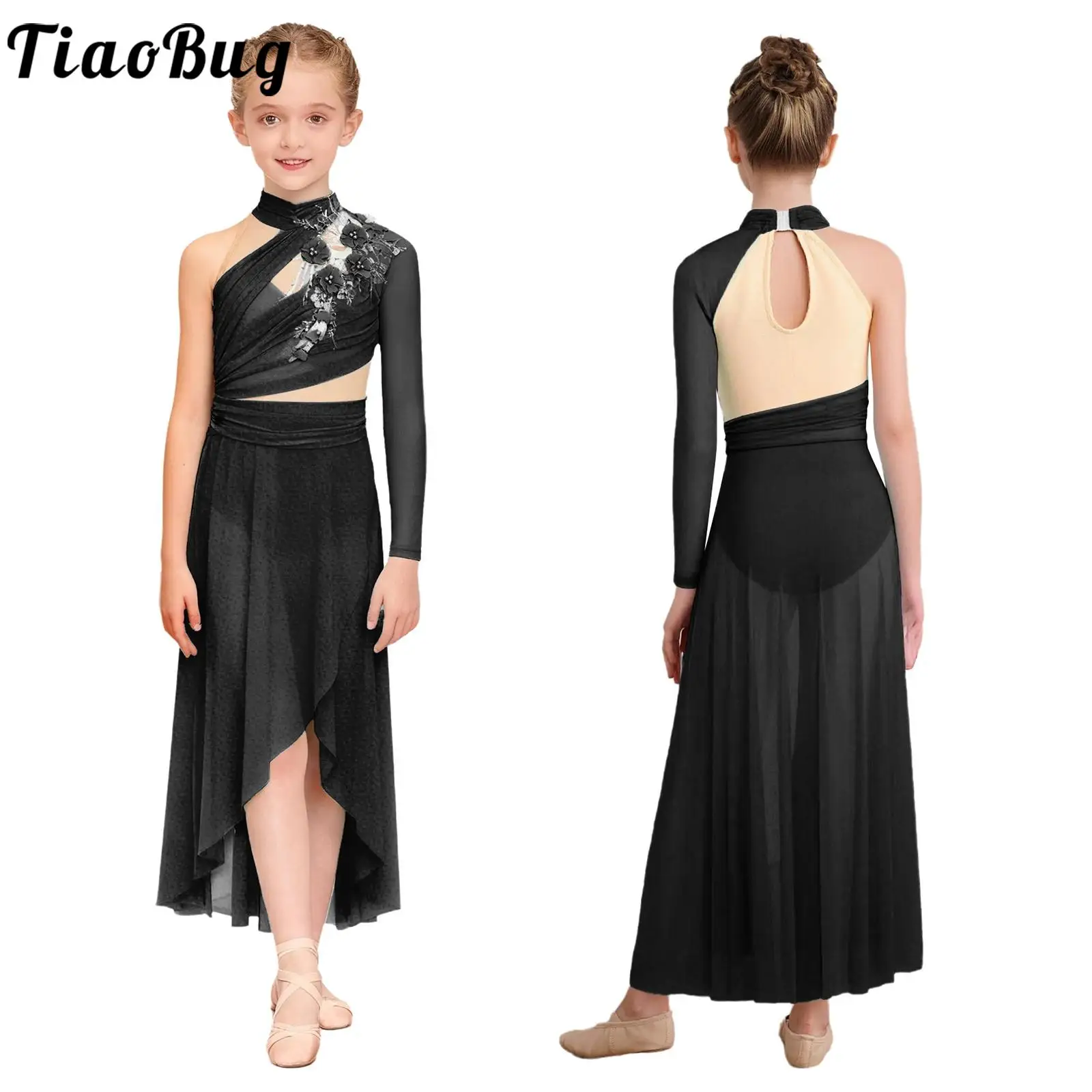 Vestido de ballet para niña – Moderno un hombro con malla y apliques
