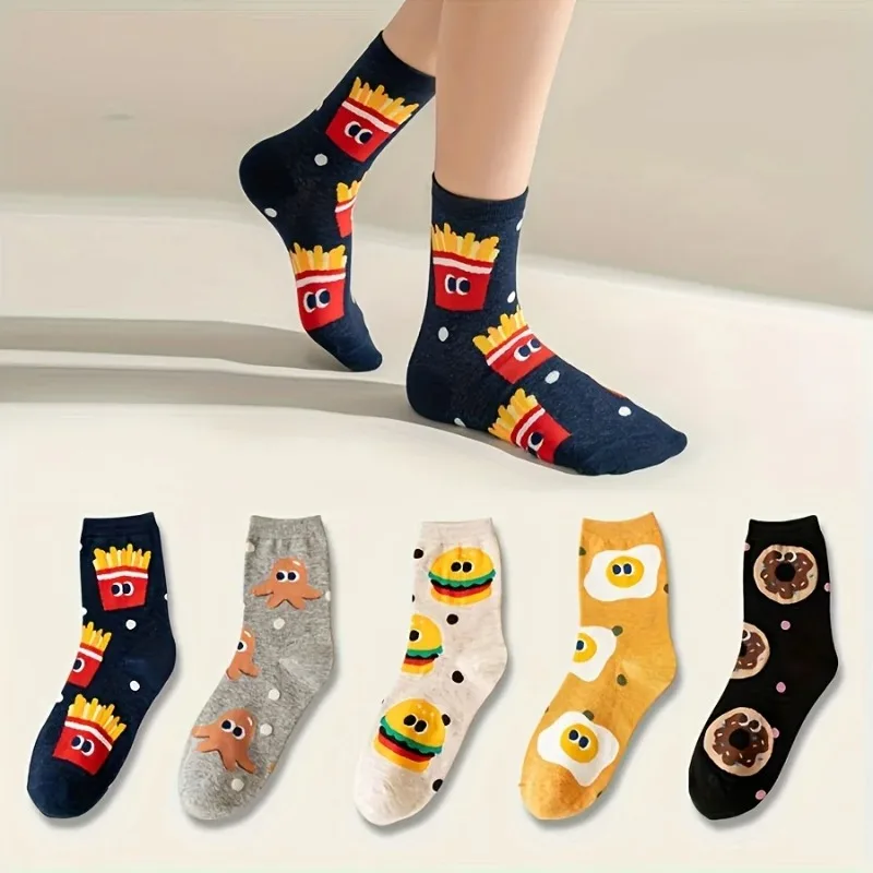 Calcetines para niños con lindos patrones de hamburguesas y patatas fritas de dibujos animados para niños y niñas, calcetines a media pantorrilla juveniles Trendyy y versátiles - imagen 2