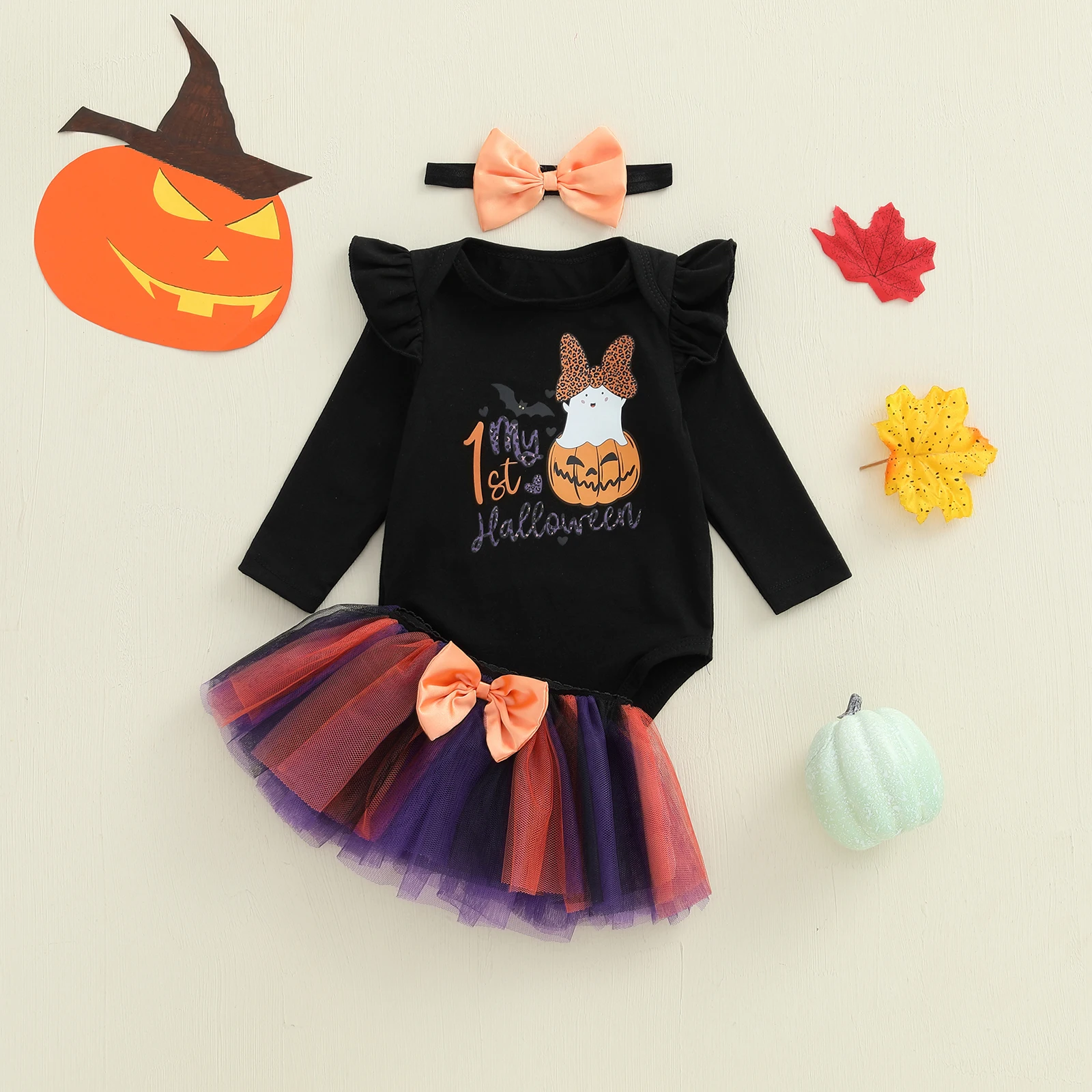 Conjunto de disfraz de Halloween para niña de 0 a 18 meses, pelele de manga larga + falda de tul a rayas + diadema, ropa para recién nacido - imagen 2