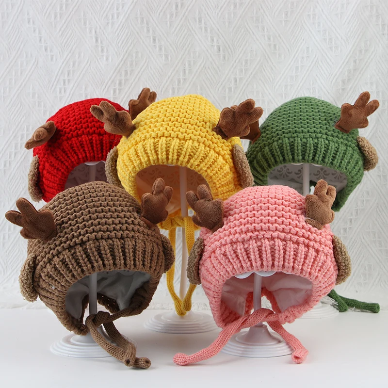 Gorro tejido de lana con elemento de asta de Navidad para bebé, gorros cálidos a prueba de viento para otoño/invierno, bonito gorro con forma de asta de alce, regalo de Año Nuevo - imagen 4