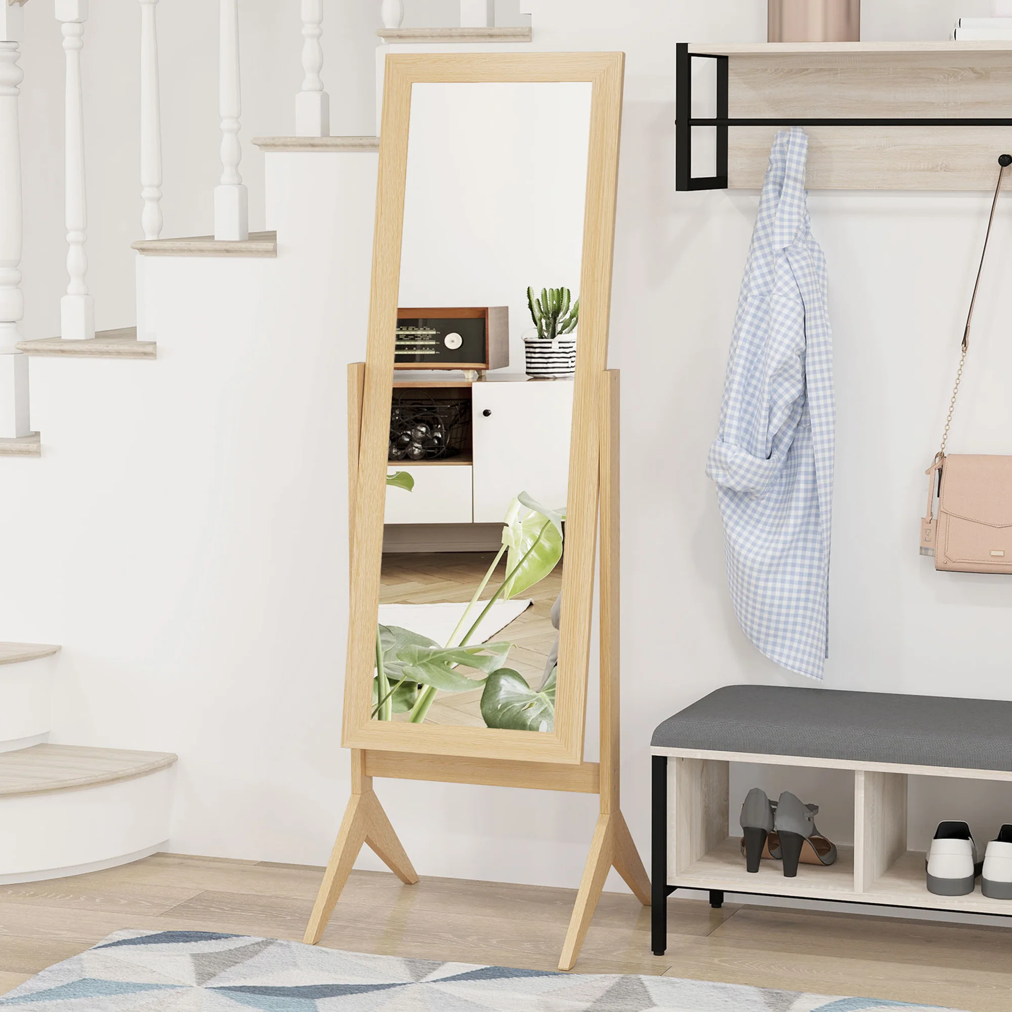 HOMCOM Espejo de Pie Cuerpo Entero Reclinable 47x46x148 cm, Espejo de Cuerpo Entero Independiente con Soporte y Marco rectangular, Para Dormitorio, Salón, Roble - imagen 2