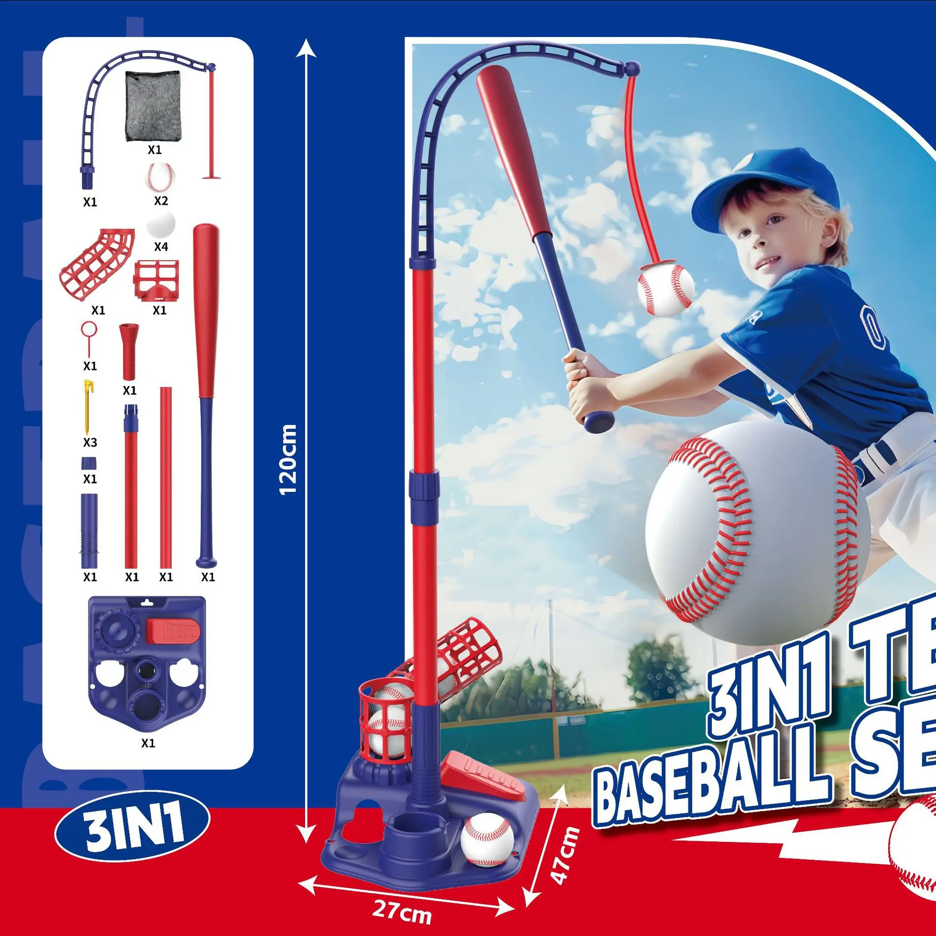    Juego de juguetes de béisbol para niños 3 en 1 con soporte de bola colgante/bola en T de pie/lanzador automático altura ajustable béisbol para niños pequeños Navidad - imagen 5
