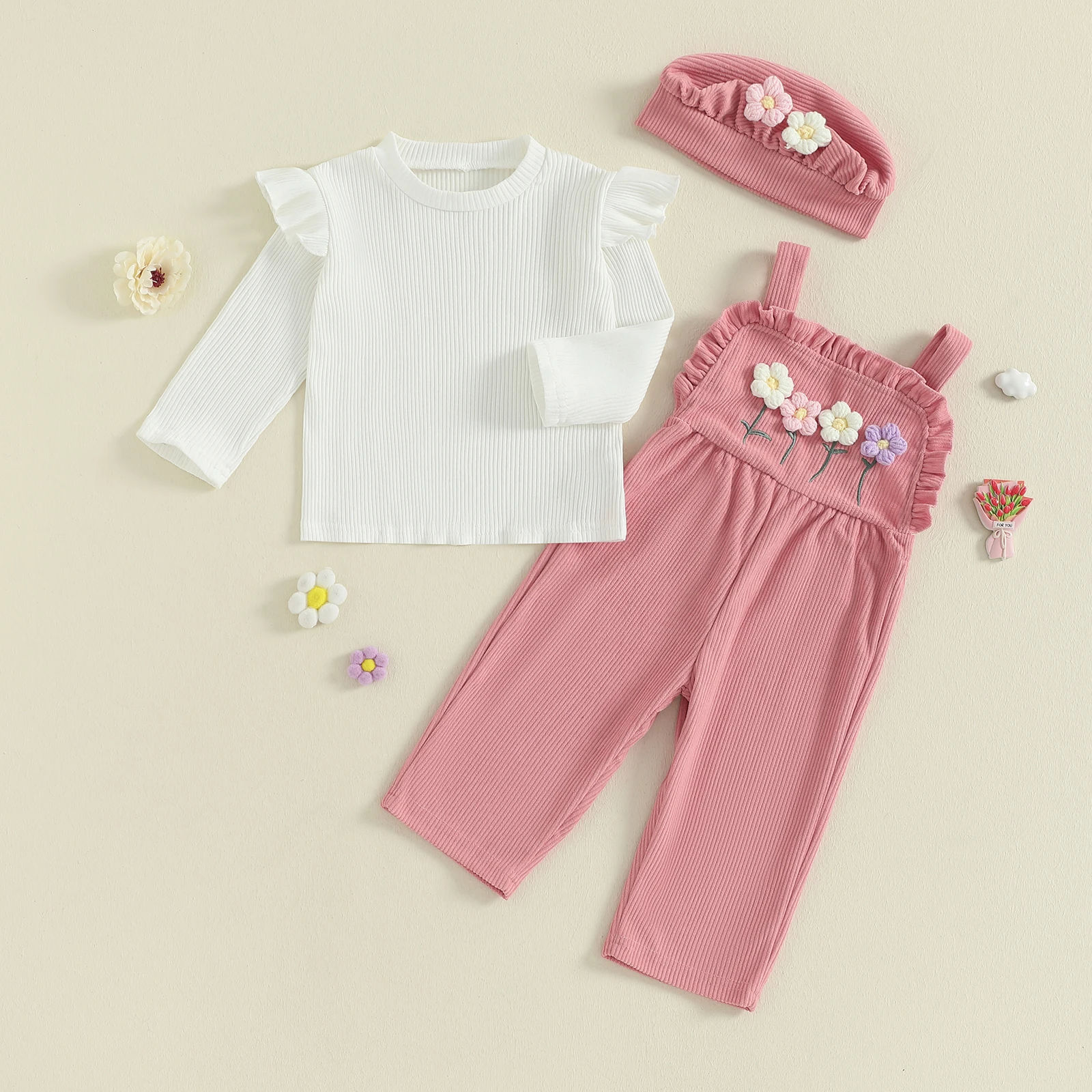 Ropa linda para niñas, camiseta de manga larga con cuello redondo y mono de flores y sombrero, traje de otoño de 3 piezas - imagen 2