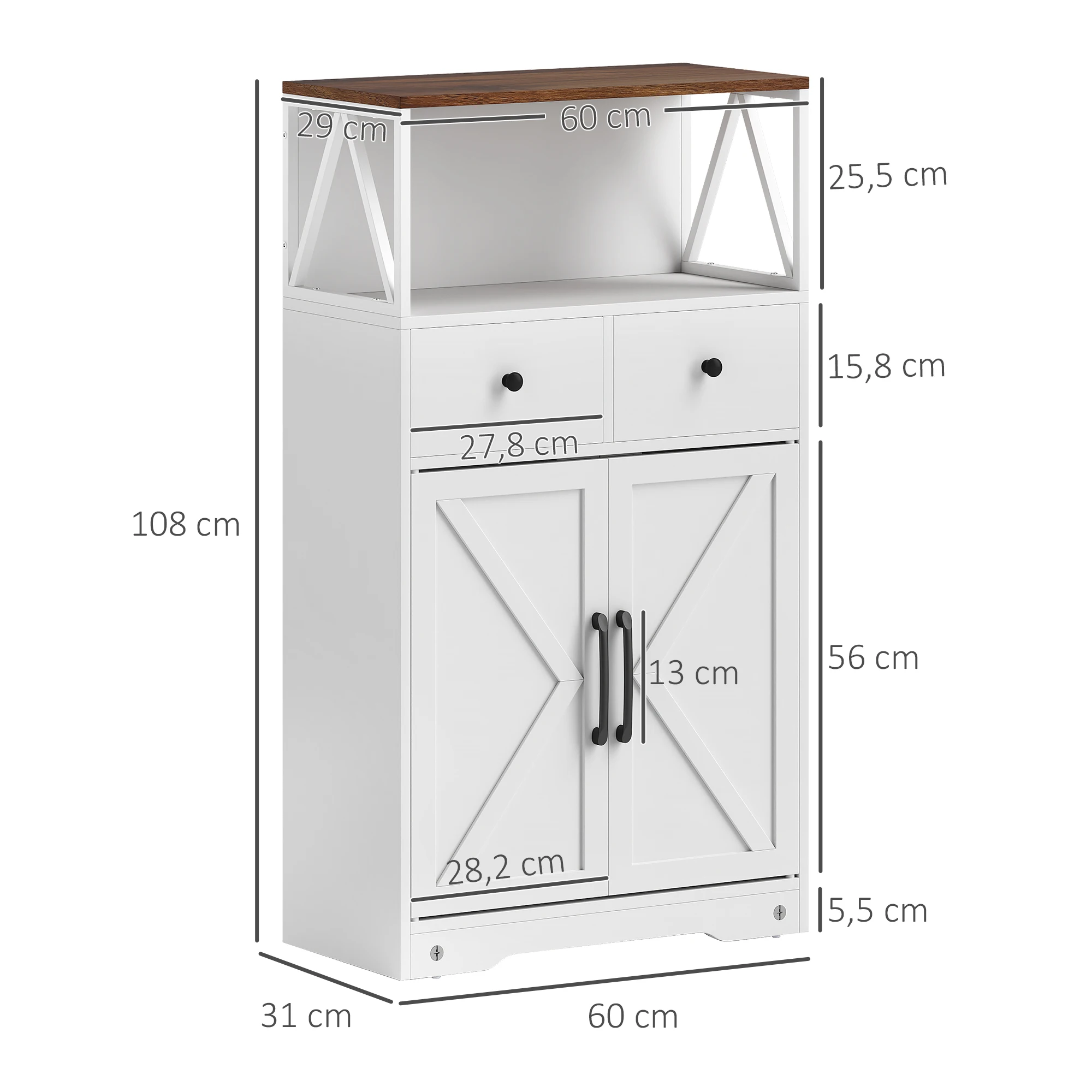 HOMCOM Aparador de Salón Armario Multiusos con Estantes Cajones Puertas Granero Aparador para Cocina Dormitorio 60x31x108 cm Blanco - imagen 3